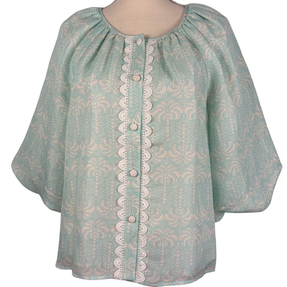 Mary George Linen Cotton Palm Print Blouse Aqua Scallop Eyelet Trim NWT Large